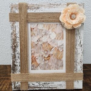 Rustic White and Tan Photo Frame with Floral Accent - Home Decor